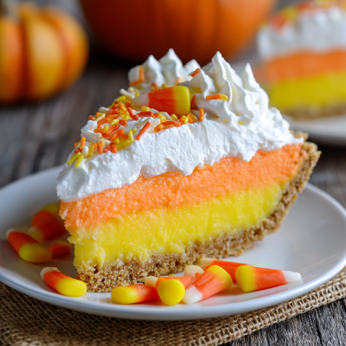 A slice of layered candy corn pie.