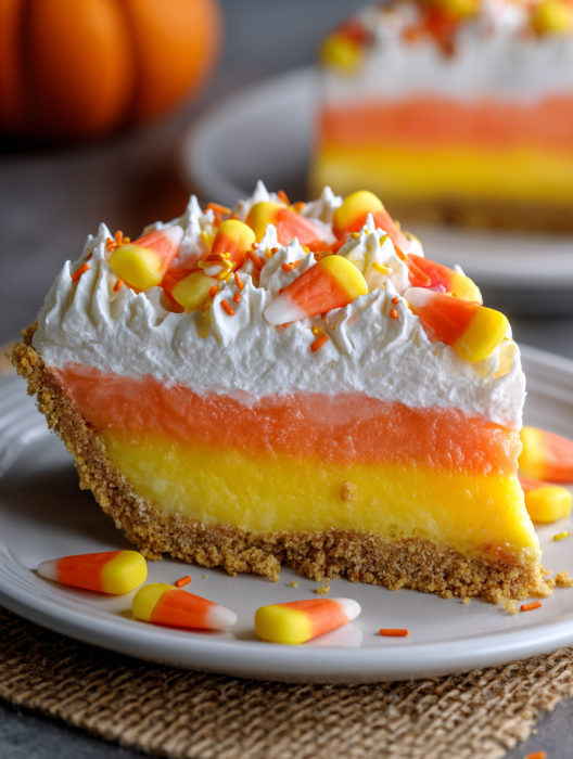 A slice of layered candy corn pie.
