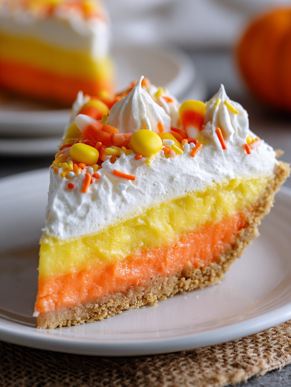 A slice of pie with a white frosting and orange and yellow candy corn on top.