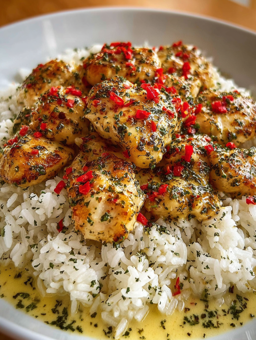 A plate of chicken scampi with creamy garlic parmesan rice.