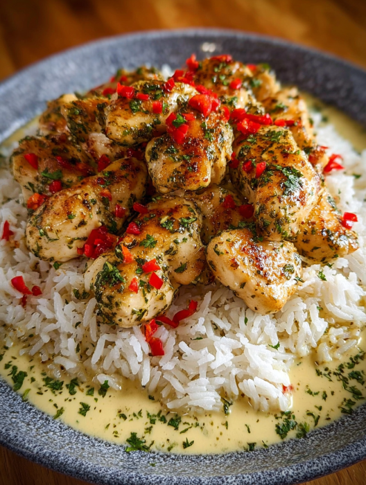A plate of chicken scampi with creamy garlic parmesan rice.