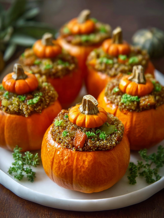 A plate of food with a pumpkin on it.