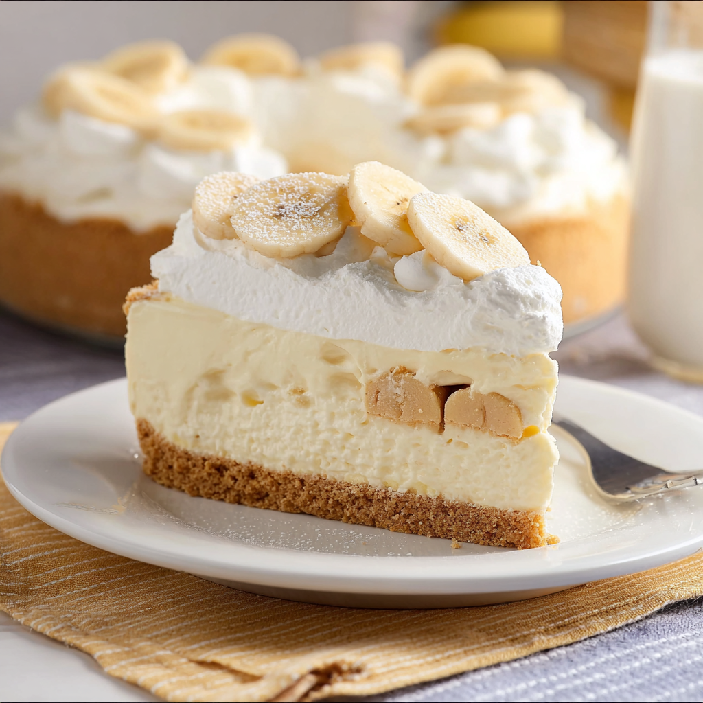 A slice of banana pudding cheesecake on a plate.