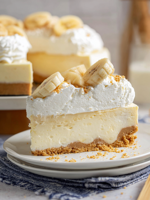 A slice of cheesecake with bananas on top.