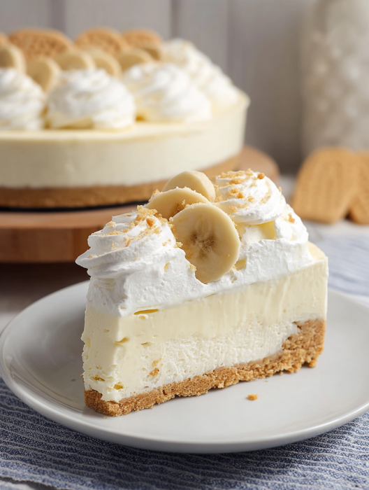 A slice of cake with bananas and whipped cream.