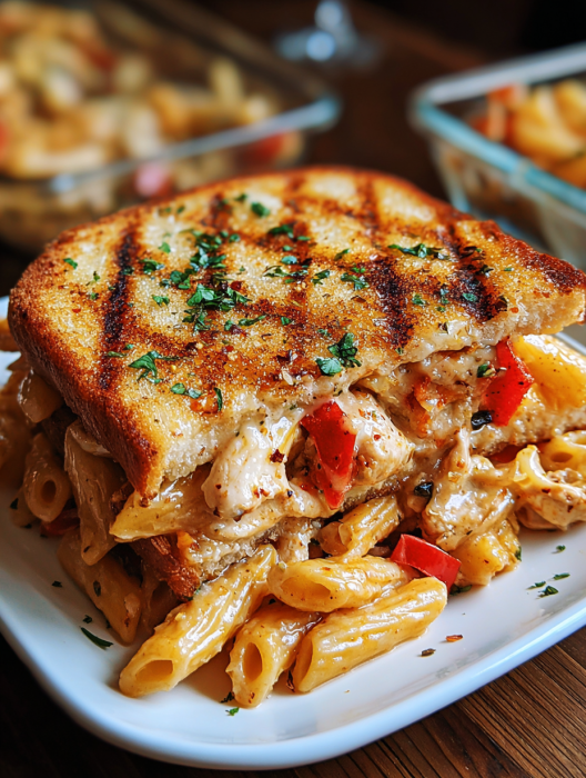 A plate of food with a sandwich and pasta.
