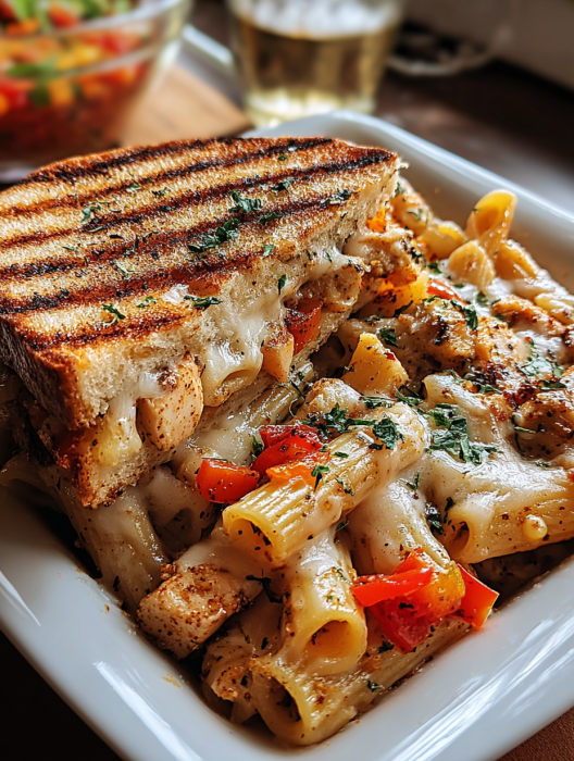 A plate of food with a sandwich and pasta.