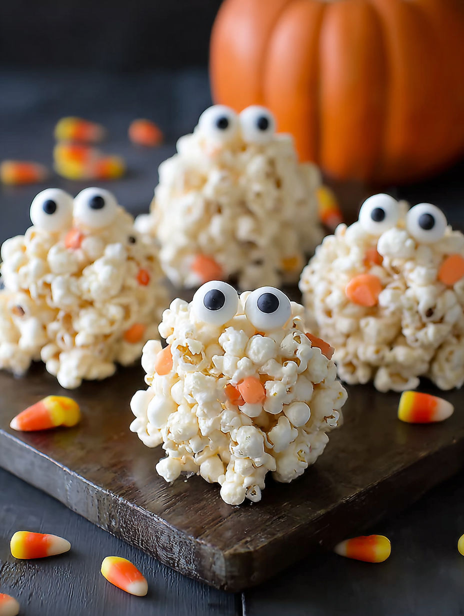 Halloween popcorn balls made with marshmallows and candy.