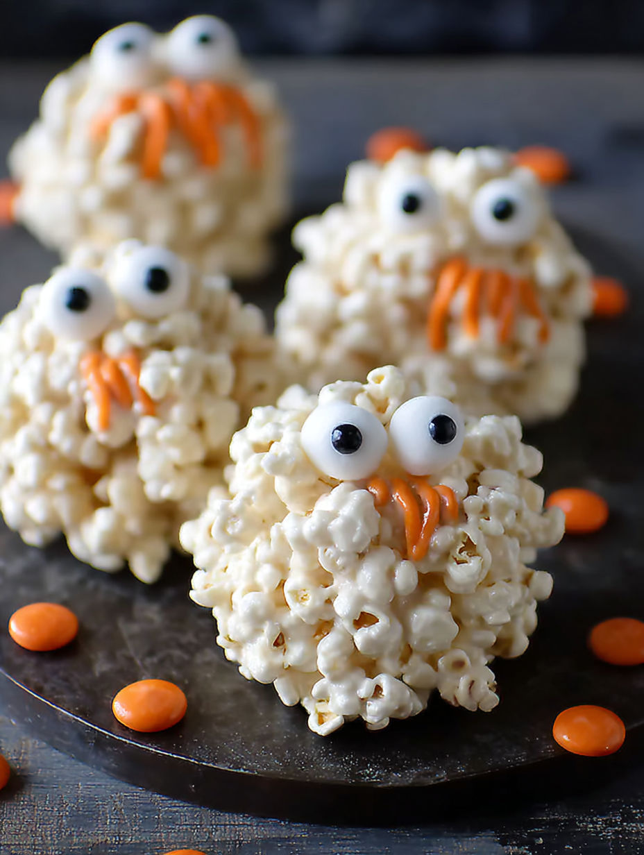 Halloween popcorn balls on a plate.