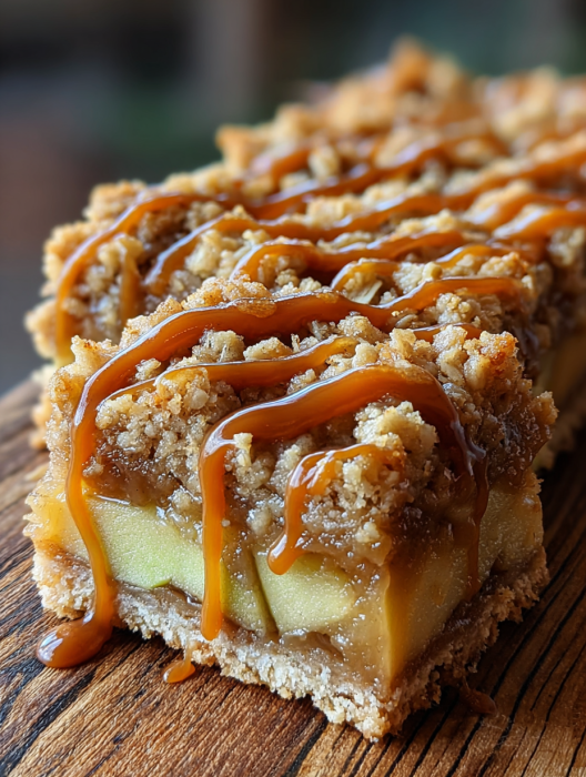 A slice of caramel apple crumble bars.