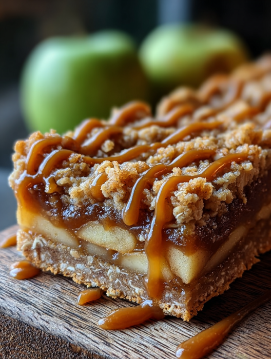 A close up of a caramel apple crumble bar.