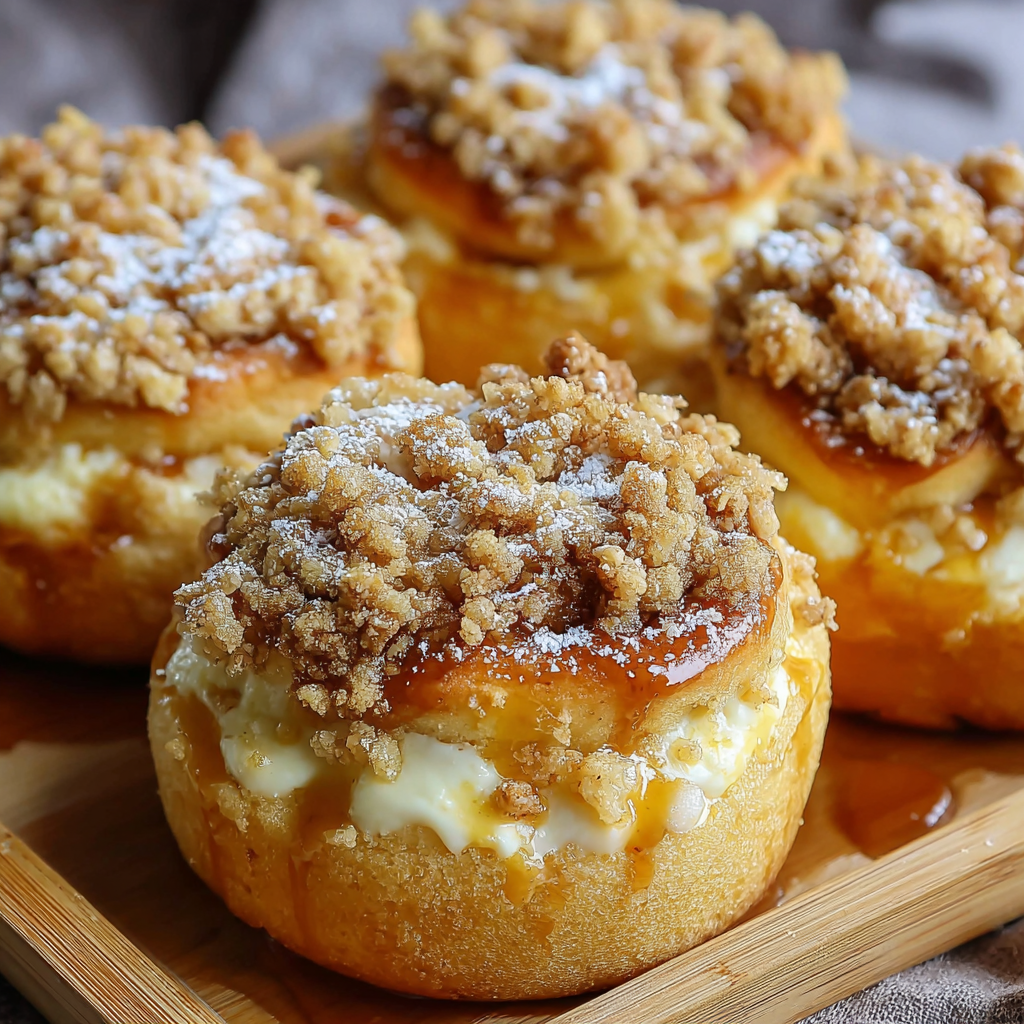 A plate of delicious looking apple cheesecake crumble buns.