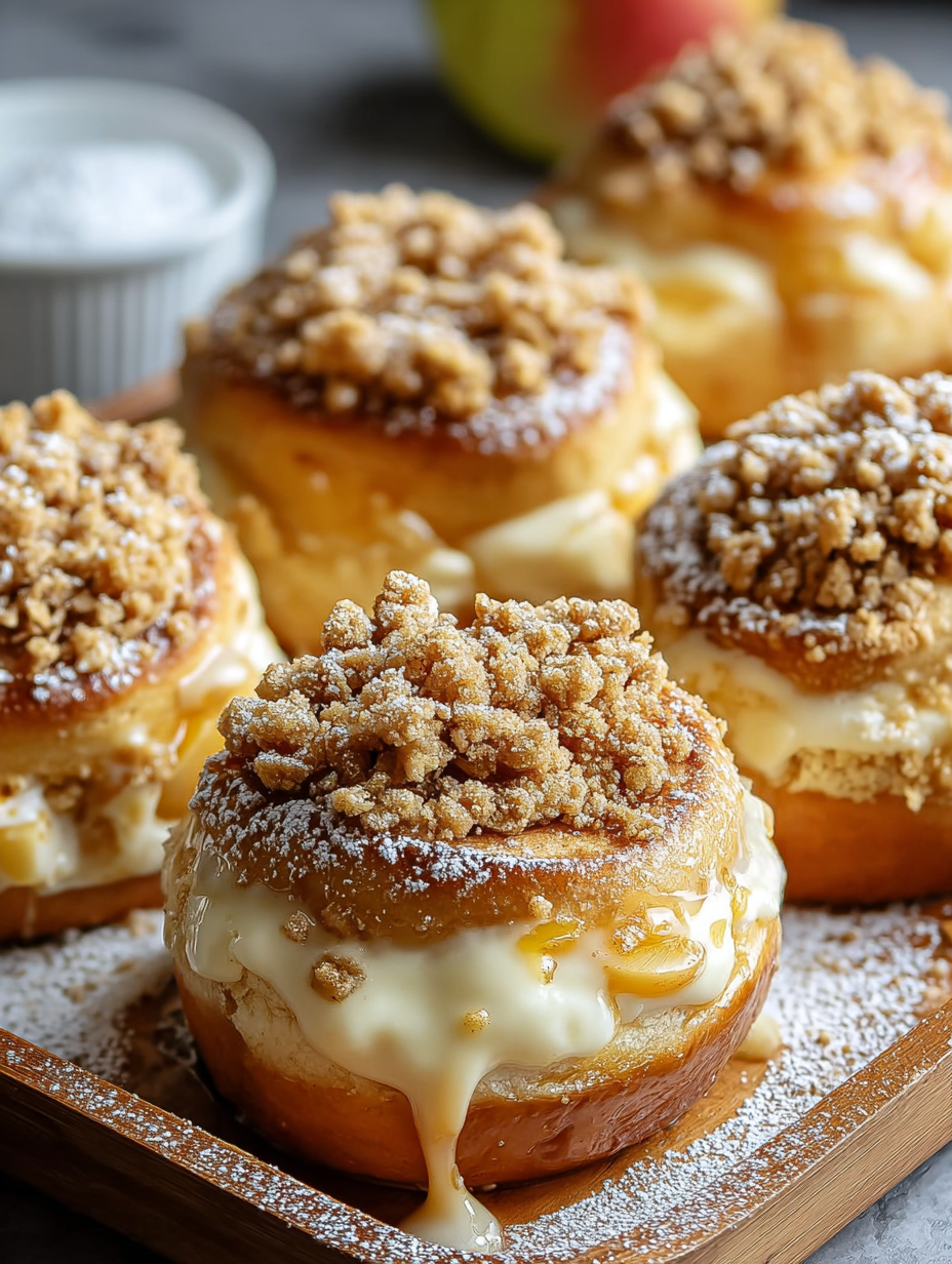 A plate of delicious apple cheesecake crumble buns.