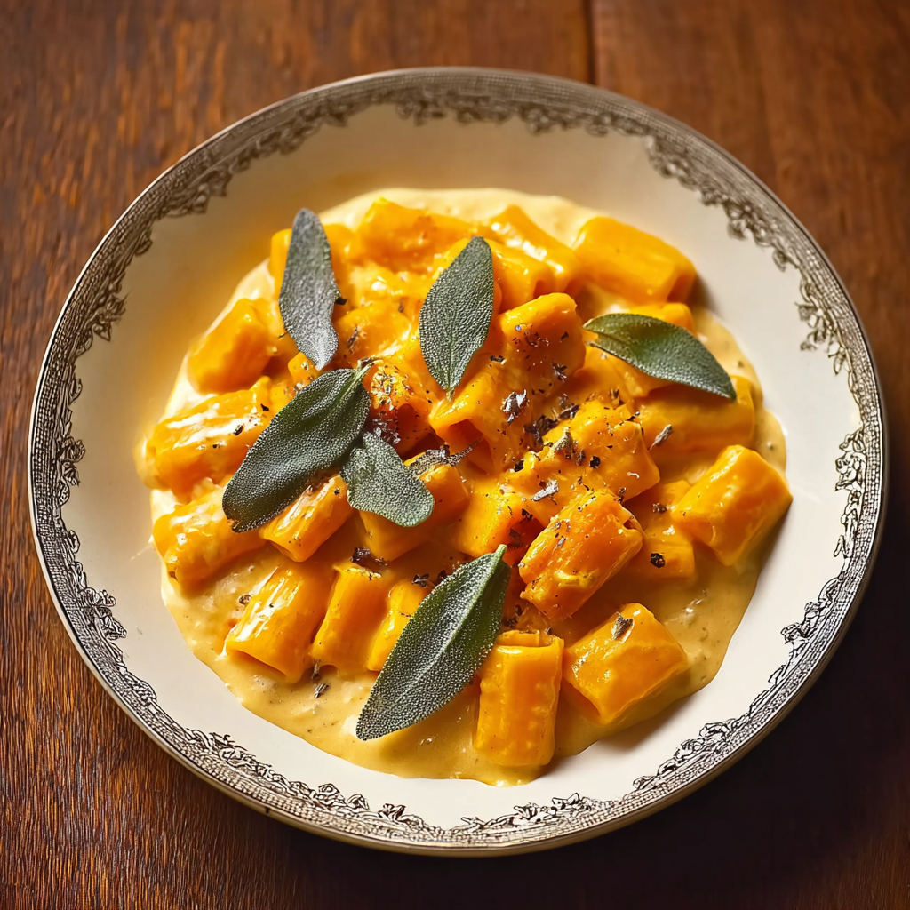 A white plate with a creamy sauce and butternut squash.