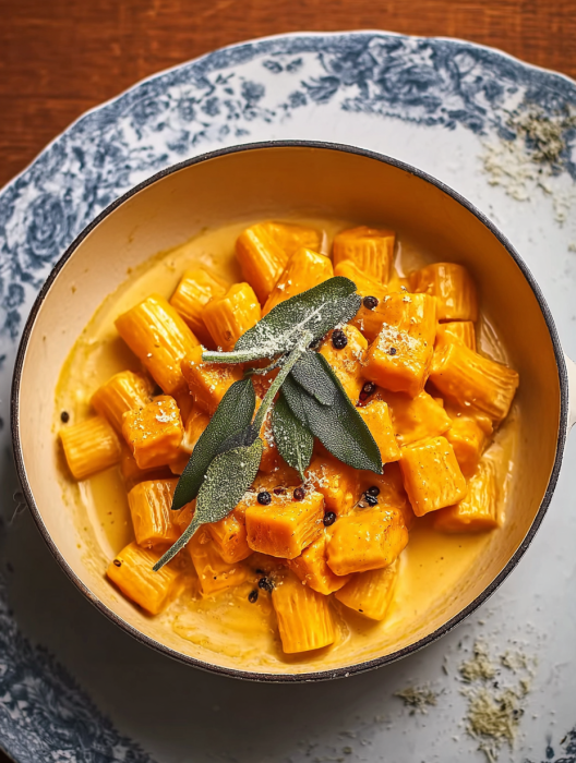 A bowl of pasta with a green herb on top.