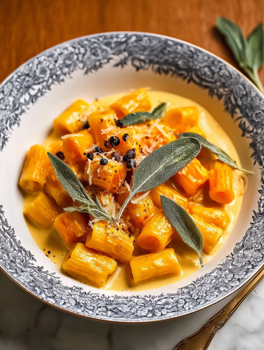 A bowl of pasta with cheese and herbs.