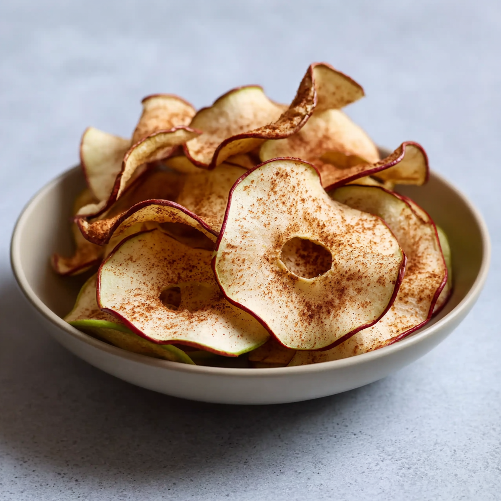 A bowl of apple chips with cinnamon on top.