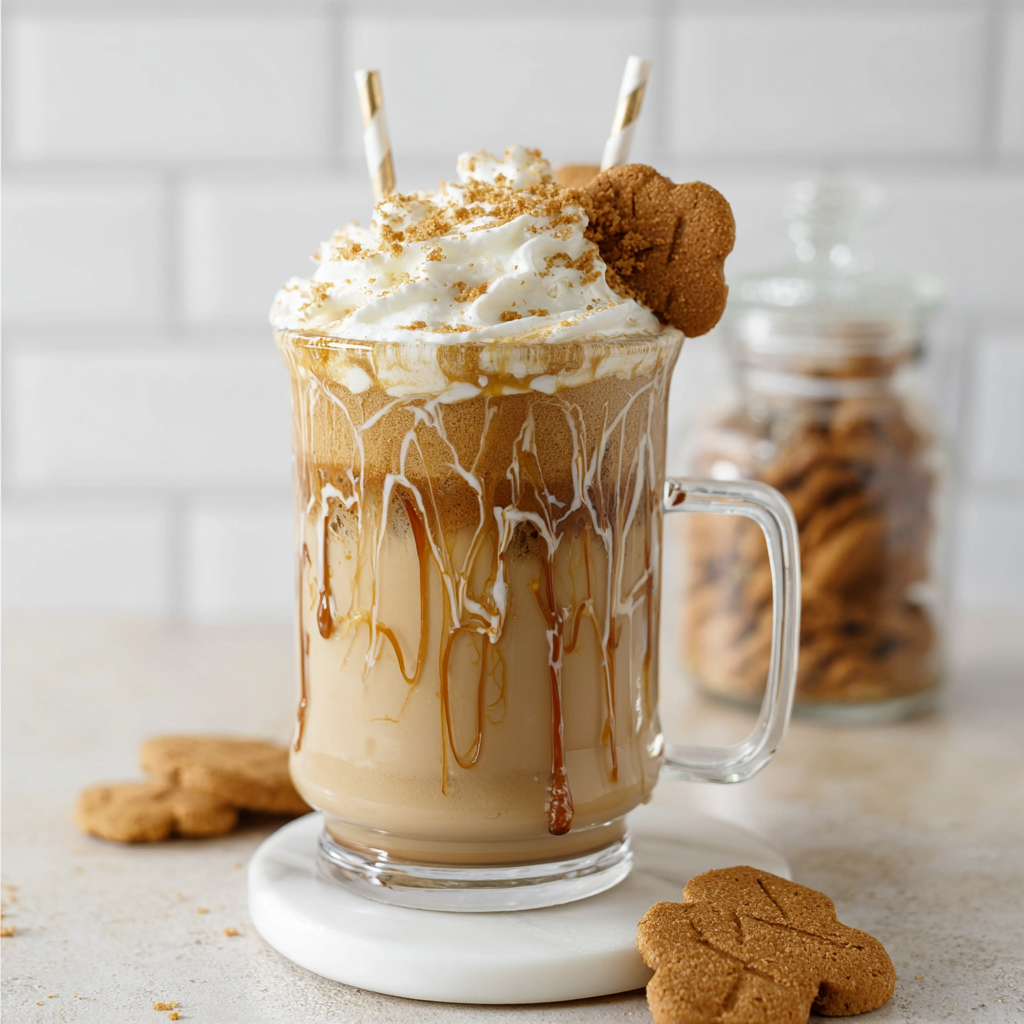 A glass of cookie butter latte with a cookie on the side.
