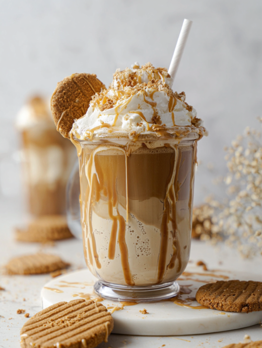 A glass of milk with a cookie on top.