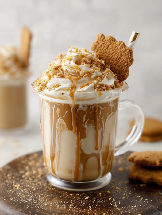 A glass of milk with a cookie on top.
