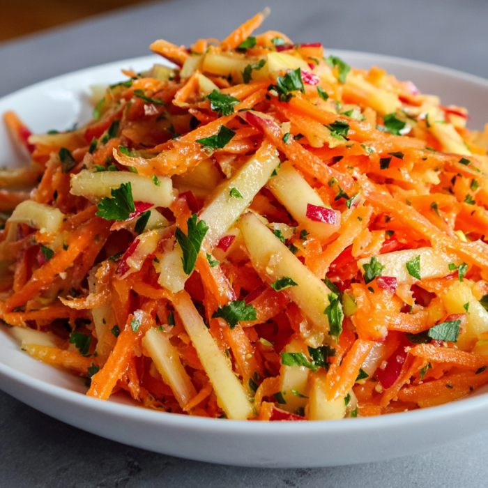 A bowl of carrot apple salad.