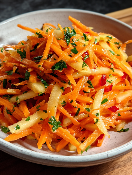 A bowl of shredded carrots with parsley.