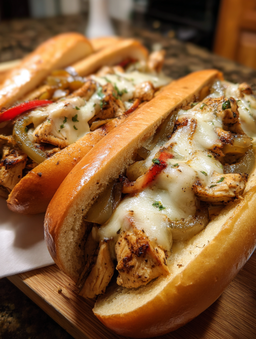 Two chicken sandwiches on a table.