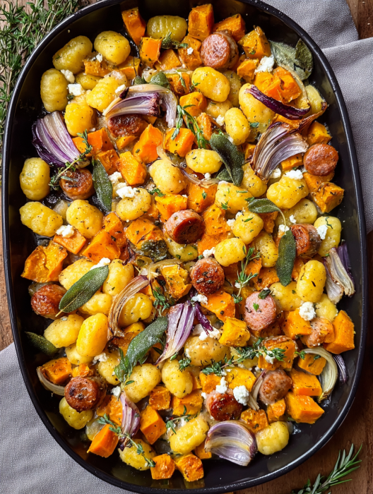 A dish of pasta, vegetables, and sausage.