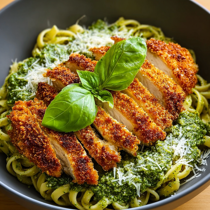 A bowl of pasta with chicken and pesto.