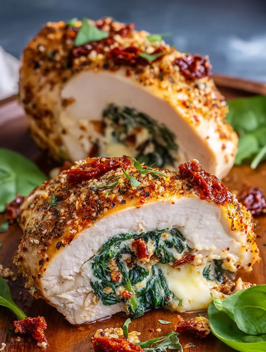 A stuffed chicken breast with spinach, tomatoes and mozzarella.
