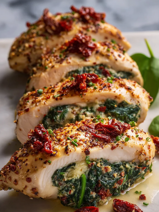 A stuffed chicken breast with spinach, tomatoes and mozzarella.