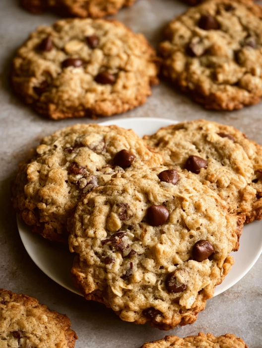 A plate of chocolate chip cookies.