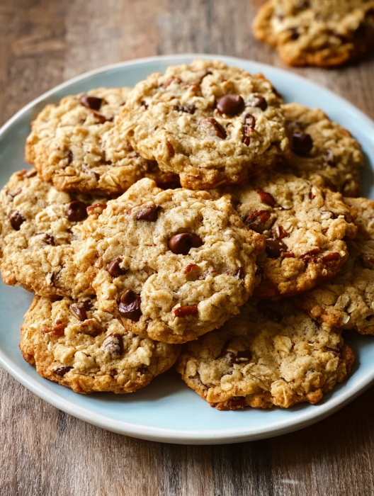 A plate of chocolate chip cookies.