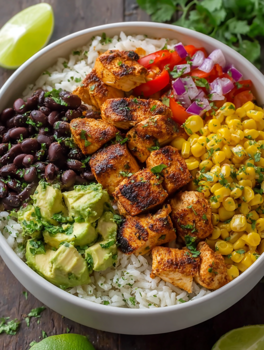 A bowl of Mexican chicken rice with various vegetables.