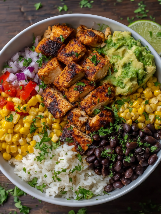 A bowl of Mexican chicken rice with various vegetables.