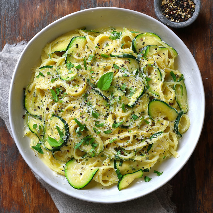 A bowl of pasta with zucchini and parmesan cheese.