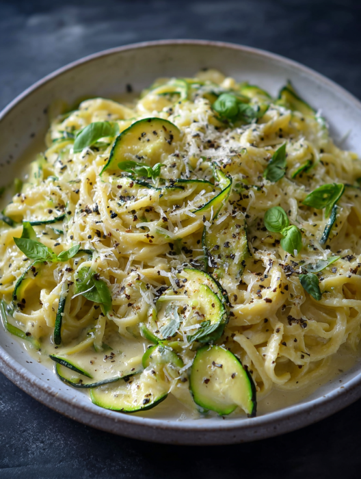 A bowl of pasta with zucchini and cheese.