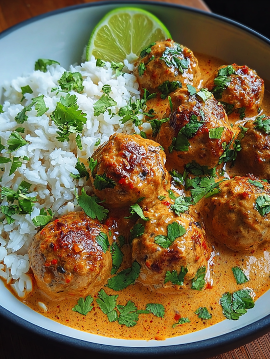 A bowl of food with meatballs and rice.