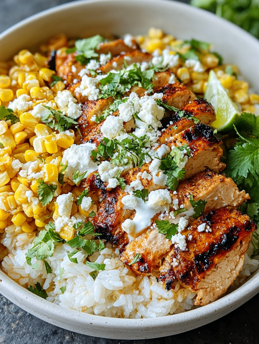 A bowl of food with chicken, rice, corn, and cheese.