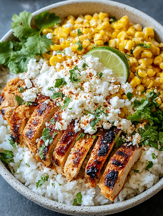 A bowl of food with chicken, corn, and rice.