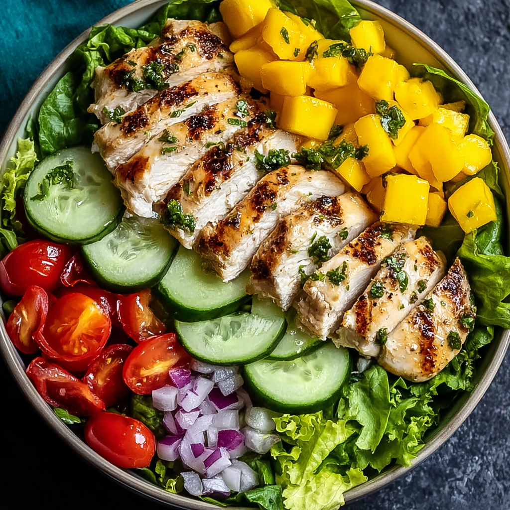 A bowl of chicken mango salad.