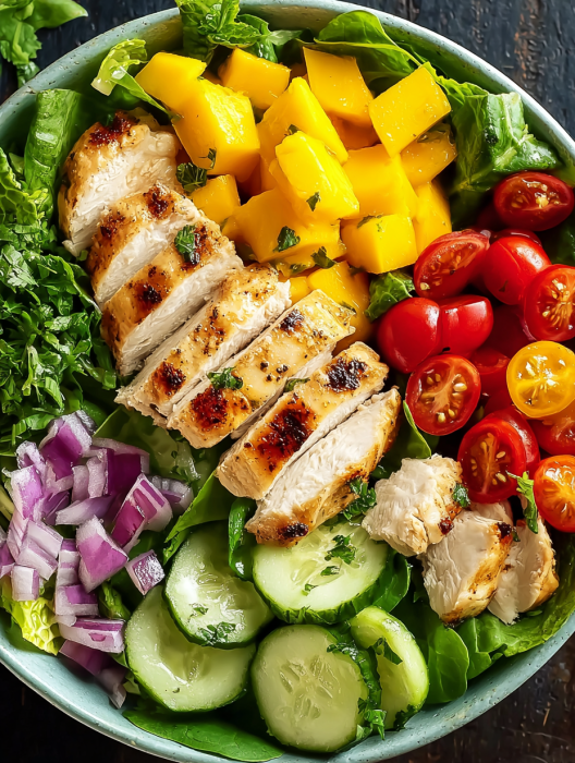 A bowl of food with chicken, tomatoes, and cucumbers.