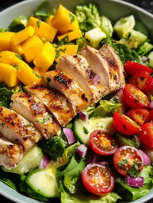 A salad with chicken, tomatoes, cucumbers, and onions.