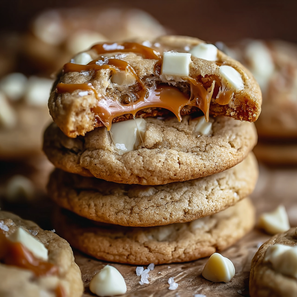 A stack of cookies with caramel and white chocolate.