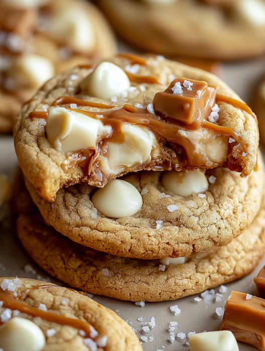 A stack of cookies with caramel and white chocolate.