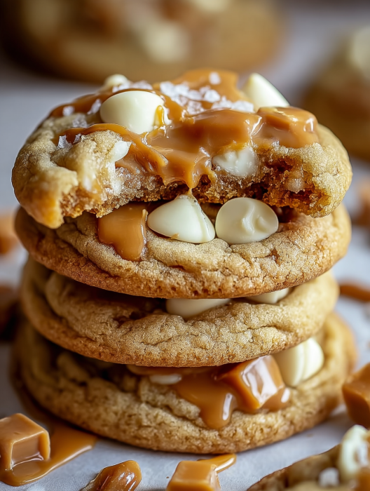 A stack of cookies with white chocolate and caramel drizzle.