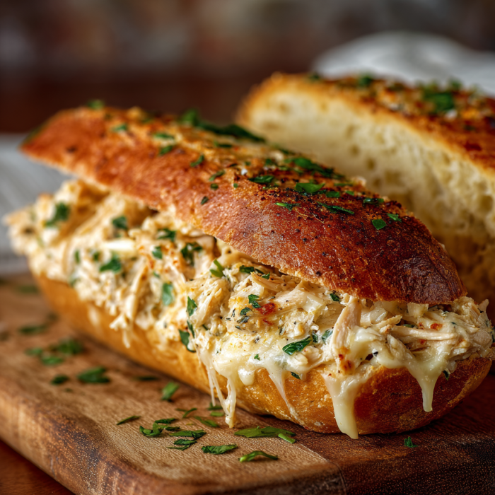 A cheesy chicken garlic bread sandwich on a wooden table.