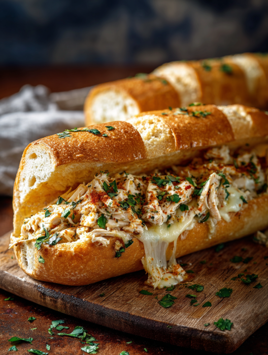 A cheesy chicken garlic bread sandwich on a wooden table.