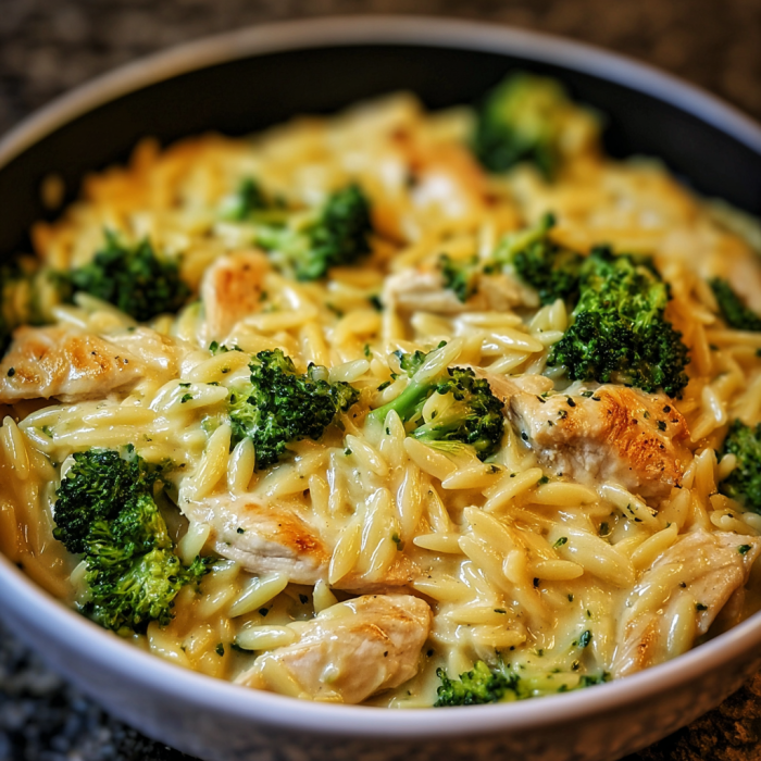 A bowl of cheesy chicken broccoli orzo.