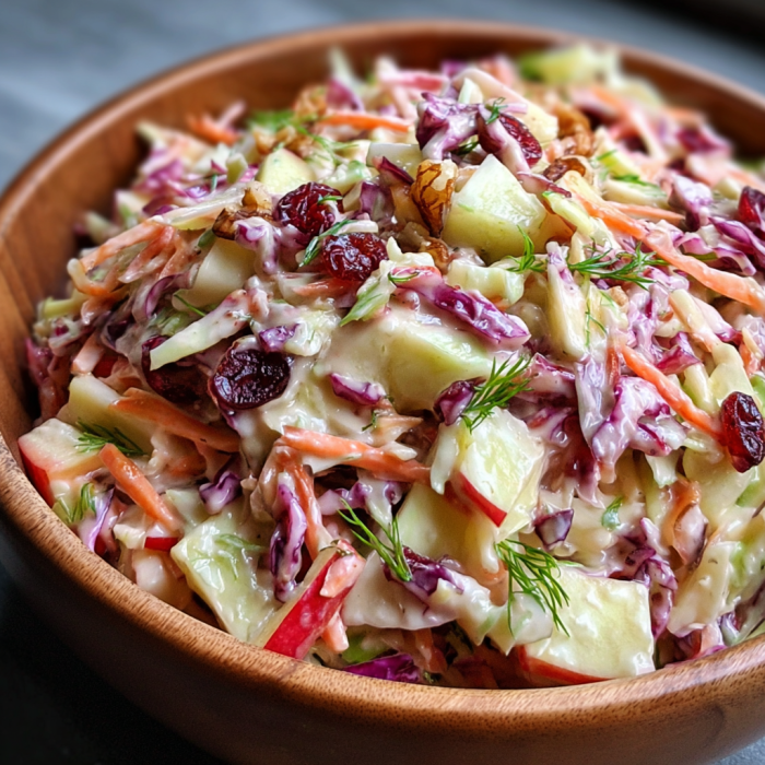 A bowl of coleslaw with cranberries and apples.